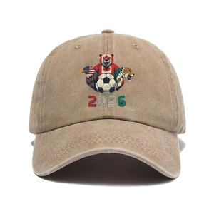 Detail of 2026 World Cup khaki baseball cap featuring embroidered animal and soccer logo