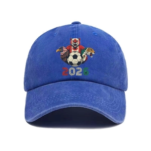Detail of 2026 World Cup themed embroidery on blue washed cotton vintage baseball cap