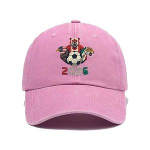 Close-up of pink washed cotton baseball cap with 2026 World Cup graphic and animal prints