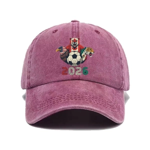 Vintage washed burgundy baseball cap featuring 2026 soccer tournament printed graphics