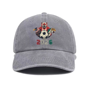 Washed grey vintage cotton baseball cap featuring colorful 2026 soccer tournament print