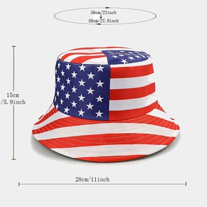 Detail of USA flag pattern bucket hat showing dimensions for 56-58cm head circumference