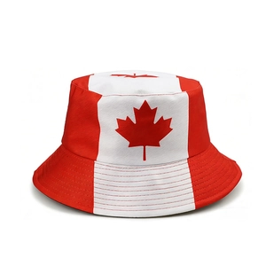 Red and white bucket hat with Canadian flag maple leaf pattern for outdoor activities