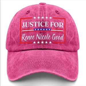 Close-up of vintage washed cotton baseball cap featuring patriotic Justice print details