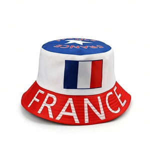 Detail of France world cup bucket hat featuring tricolor flag design and bold text