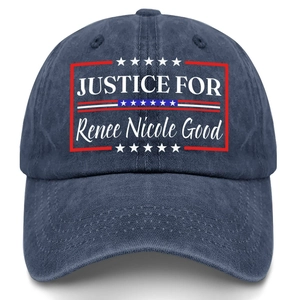 Washed navy cotton baseball cap featuring JUSTICE FOR Renee Nicole Good graphic