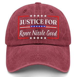 Close-up of burgundy washed cotton baseball cap featuring patriotic justice print