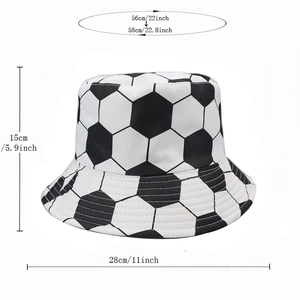 Soccer pattern bucket hat with black and white hexagon design and sizing measurements