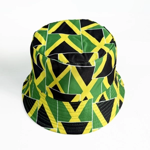 Detail shot of the Jamaica flag pattern and durable fabric on this reversible bucket hat