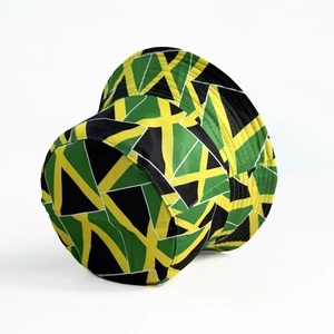 Jamaica flag colors reversible bucket hat with green yellow and black geometric patterns
