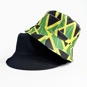Reversible Jamaica flag fisherman hat with black cotton and colorful geometric patterns