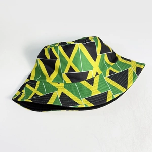 Close-up of Jamaica flag theme bucket hat featuring green yellow and black geometric patterns