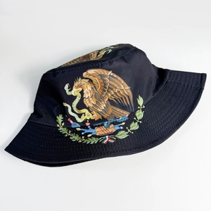 Black bucket hat with Mexico flag eagle emblem print for World Cup fans sun protection