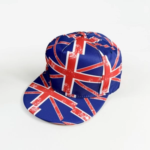 Vintage Union Jack print snapback baseball cap with distressed texture and flat brim design