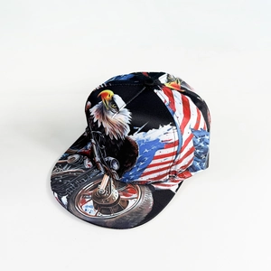 Detailed close-up of a flat brim snapback featuring bald eagle and USA flag motifs