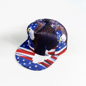 Detailed view of the flat brim baseball cap with US flag and bald eagle print design