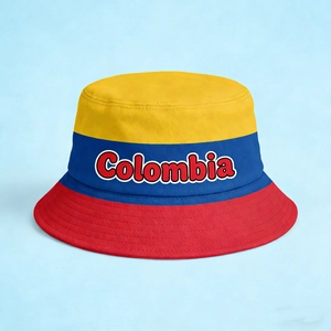 Detail of Colombia flag fisherman hat featuring vibrant yellow, blue, and red tricolor design