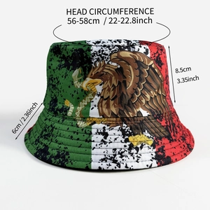 Mexico flag themed bucket hat with eagle print showing dimensions 56-58cm for sun protection