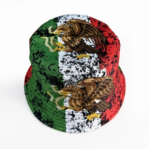Detailed top view of Mexico flag print bucket hat with eagle emblem and artistic splatters
