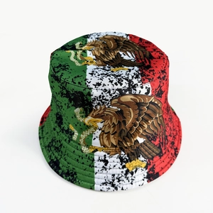 Reversible Mexico flag bucket hat with distressed print and eagle emblem on canvas