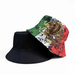 Reversible bucket hat with Mexico flag eagle print and classic plain black canvas style