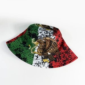 Detail view of Mexico flag print bucket hat with eagle crest and vintage ink splatter