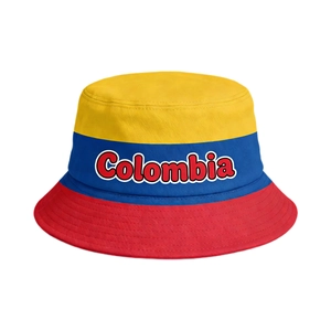 Reversible Colombia flag bucket hat with embroidered text for sports fans in sun protection