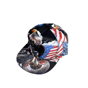 Flat brim baseball cap with American flag and eagle print in a classic biker style