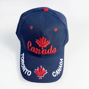 Detail of 3D Canada embroidery and red maple leaf on navy blue cotton baseball cap