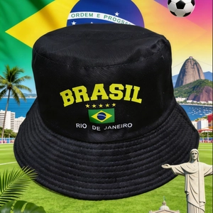 Black cotton bucket hat featuring Brazil flag and Rio de Janeiro print for football fans