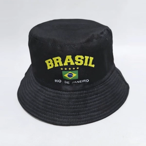Detail of black Brasil bucket hat featuring flag embroidery and Rio de Janeiro text