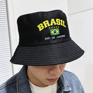 Black Brazil bucket hat with yellow Brasil text and flag print for 2026 World Cup fans