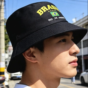 Black Brazil flag bucket hat for world cup fans with yellow Brasil and Rio de Janeiro text