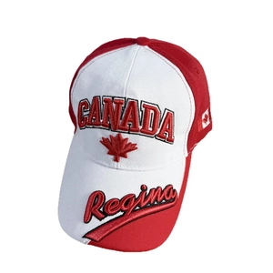 Front view of Canada baseball cap with red maple leaf embroidery and white panels