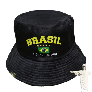 Black cotton bucket hat with Brazil flag and Rio de Janeiro text for World Cup fans