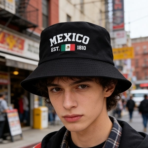 Chapeau bob noir en coton avec drapeau du Mexique et imprimé EST. 1810 pour fans