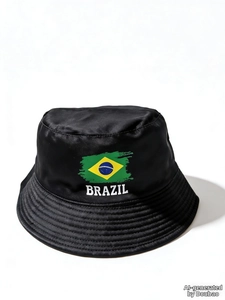 Detail of the printed Brazil flag and BRAZIL text on a black sun bucket hat