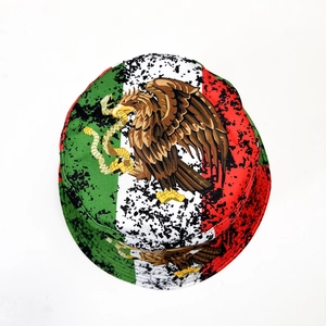 Retro Mexico flag bucket hat with eagle crest and splatter art design for outdoor sun protection