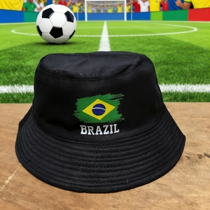 Unisex black Brazil flag bucket hat with football field and soccer ball background