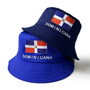 Dominican Republic flag bucket hats in navy and royal blue colors with cotton canvas texture