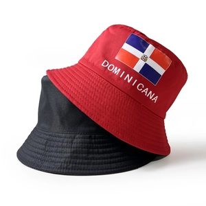 Dominicana flag bucket hats in red and black colors with thick twill cotton fabric texture
