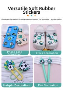 Detail showing soccer theme PVC soft rubber charms applied on shoes and phone cases