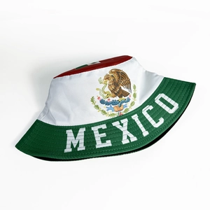Reversible Mexico flag bucket hat with eagle emblem and white Mexico text embroidery