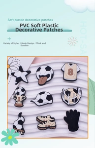 Close-up of football themed PVC soft plastic decorative patches for DIY accessories