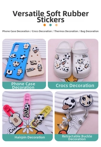 DIY soccer PVC charms shown on phone case, clogs, hair clip and retractable badge holder
