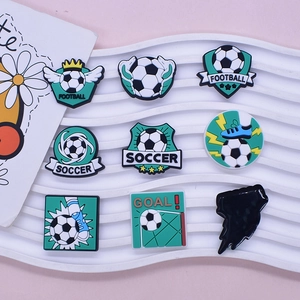 Set of 9 soccer themed PVC charms for DIY shoe decoration and accessories.