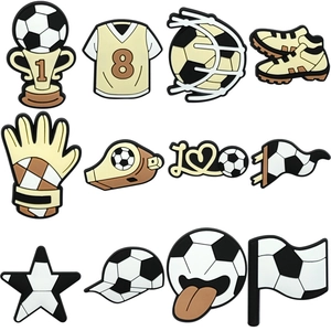 12pcs set of soccer themed PVC shoe charms featuring trophy, jersey, and ball accessories