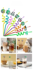 Eight-piece soccer-themed colorful spiral drinking straws with decorative football motifs