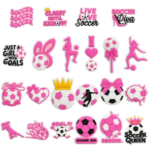 Set di 20 ciondoli per scarpe a tema calcio rosa con motivi e slogan sportivi
