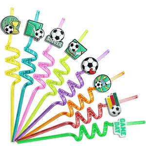 Colorful Spiral Drinking Straws Soccer Theme Reusable Plastic Cartoon Straw Toppers For Party Decoration Sports Fans
